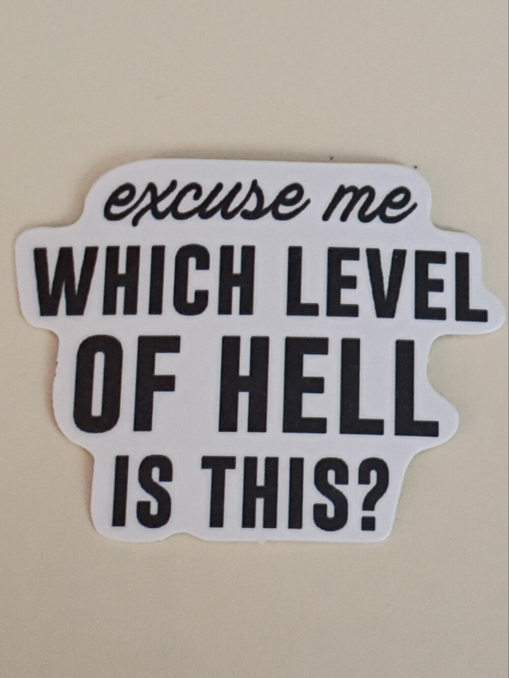 10/$10 Sticker - Excuse Me Which Level Of Hell Is This? Black Text